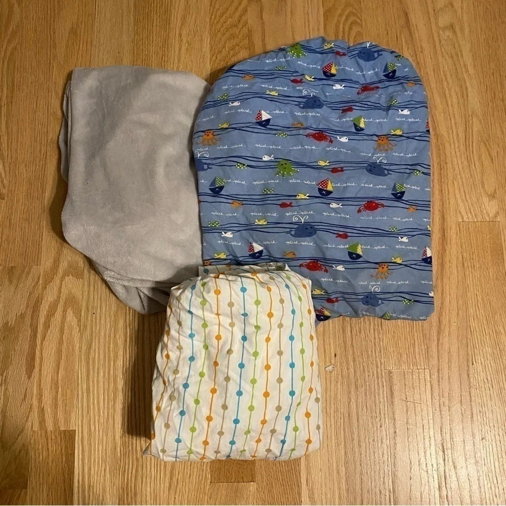 Boy Crib Sheet & Plush Changing Table Cover Bundle Lot Set Blue Fish Sailboat